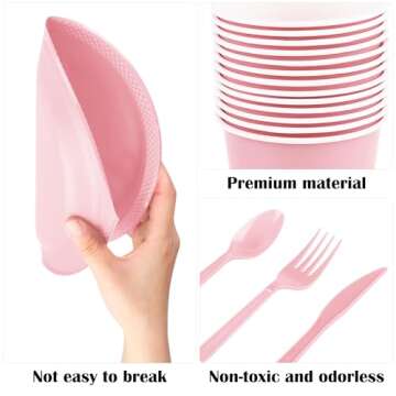 Aodaer 400 Pieces Pink Party Supplies Disposable Dinnerware Set Include Plastic Plates Cups Knives Forks Spoons Paper Napkins for Birthday Wedding Graduation Parties, Serve 50 Guests