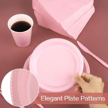 Aodaer 400 Pieces Pink Party Supplies Disposable Dinnerware Set Include Plastic Plates Cups Knives Forks Spoons Paper Napkins for Birthday Wedding Graduation Parties, Serve 50 Guests
