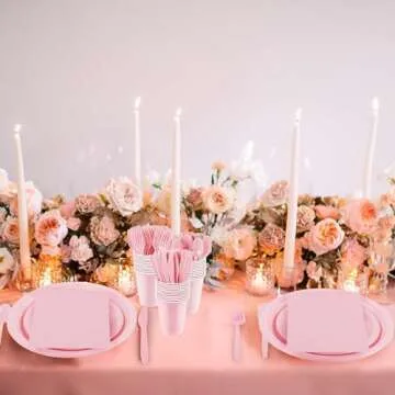 Aodaer 400 Pieces Pink Party Supplies Disposable Dinnerware Set Include Plastic Plates Cups Knives Forks Spoons Paper Napkins for Birthday Wedding Graduation Parties, Serve 50 Guests