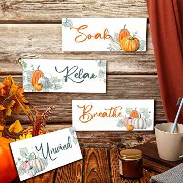 4 Pieces Fall Pumpkin Bathroom Wall Decor Relax Soak Unwind Breathe Thanksgiving Wall Art Wooden Bat...