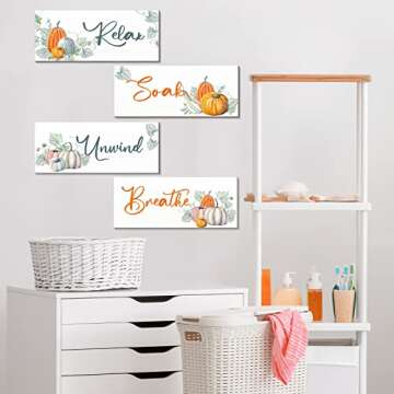4 Pieces Fall Pumpkin Bathroom Wall Decor Relax Soak Unwind Breathe Thanksgiving Wall Art Wooden Bathroom Hanging Signs Vintage Rustic Bathroom Wall Decor Bathroom Decor for Home Laundry Spa Room