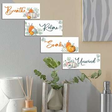 4 Pieces Fall Pumpkin Bathroom Wall Decor Relax Soak Unwind Breathe Thanksgiving Wall Art Wooden Bathroom Hanging Signs Vintage Rustic Bathroom Wall Decor Bathroom Decor for Home Laundry Spa Room
