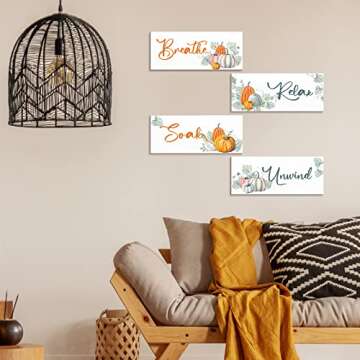 4 Pieces Fall Pumpkin Bathroom Wall Decor Relax Soak Unwind Breathe Thanksgiving Wall Art Wooden Bathroom Hanging Signs Vintage Rustic Bathroom Wall Decor Bathroom Decor for Home Laundry Spa Room