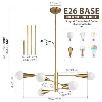 KAISITE Sputnik Chandelier Modern Gold Chandelier 6-Light E26 Mid Century Ceiling Light Fixture Height Adjustable Hanging Pendant Lighting for Dining Room Kitchen Island Bedroom Office