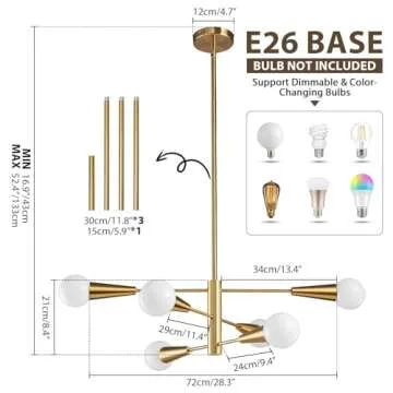 KAISITE Sputnik Chandelier Modern Gold Chandelier 6-Light E26 Mid Century Ceiling Light Fixture Height Adjustable Hanging Pendant Lighting for Dining Room Kitchen Island Bedroom Office