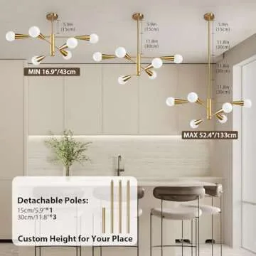 KAISITE Sputnik Chandelier Modern Gold Chandelier 6-Light E26 Mid Century Ceiling Light Fixture Height Adjustable Hanging Pendant Lighting for Dining Room Kitchen Island Bedroom Office