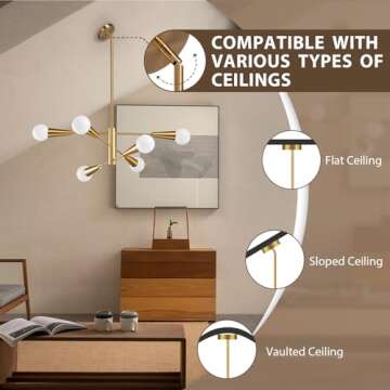 KAISITE Sputnik Chandelier Modern Gold Chandelier 6-Light E26 Mid Century Ceiling Light Fixture Height Adjustable Hanging Pendant Lighting for Dining Room Kitchen Island Bedroom Office