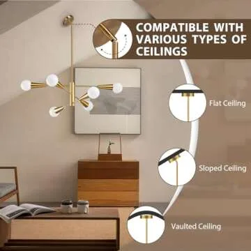KAISITE Sputnik Chandelier Modern Gold Chandelier 6-Light E26 Mid Century Ceiling Light Fixture Height Adjustable Hanging Pendant Lighting for Dining Room Kitchen Island Bedroom Office