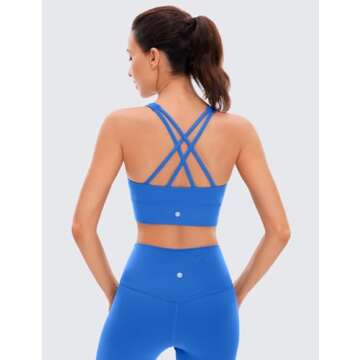 CRZ YOGA Womens Butterluxe Strappy High Neck Longline Sports Bra - Padded Criss Cross Back Workout Sports Bras Crop Tank Top Sparkle Blue Medium