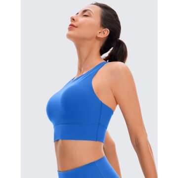 CRZ YOGA Womens Butterluxe Strappy High Neck Longline Sports Bra - Padded Criss Cross Back Workout Sports Bras Crop Tank Top Sparkle Blue Medium