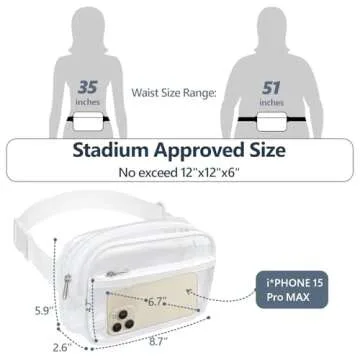 Packism Clear Fanny Pack Stadium Approved - Clear Belt Bag for Women Men Plus Size 35-51 inches Adjustable StrapTransparent Waist Bag for Concerts, Sporting Events - White