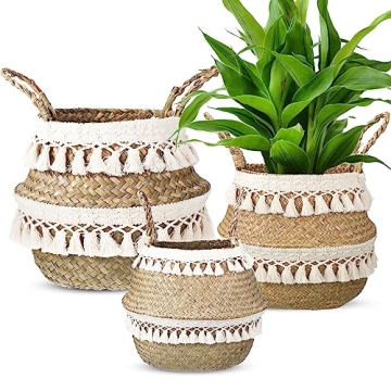Wesiti Set of 3 Boho Seagrass Belly Basket Woven Plant Pot Holder Plant Basket with Handles Tassels ...