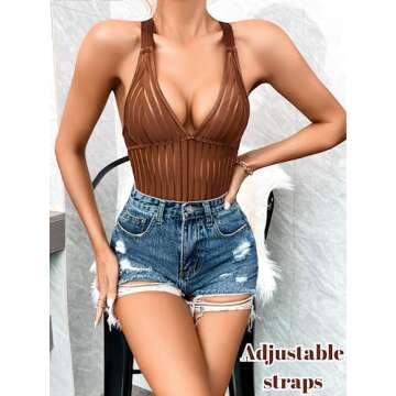 Kaei&Shi Sexy Bodysuit For Women, Plunge Backless Shapewear Ribbed Mesh Teddy Lingerie, Strappy Snap...
