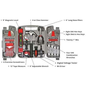 Apollo Tools 53 Piece Home Repair Tool Set with Toolbox Storage Case, Basic Tool Set for General Household Repairs and DIY, Includes Most Useful Hand Tools - Red