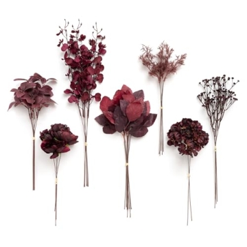 Ling's Moment 35pcs Artificial Greenery Stems Box Set - Moody Burgundy Floral Picks for DIY Arrangem...