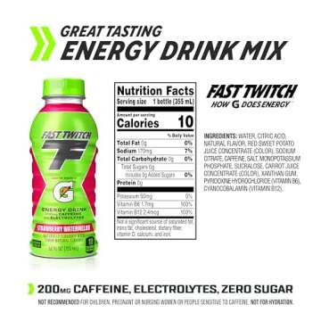 Fast Twitch Energy drink from Gatorade, Strawberry Watermelon, 12 Oz Bottles,(Pack of 12), 200mg Caffeine, Zero Sugar, Electrolytes