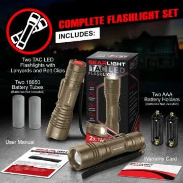 GearLight TAC LED Flashlight Pack - 2 Super Bright, Compact Tactical Flashlights with High Lumens for Outdoor Activity & Emergency Use - Gifts for Men & Women - Desert Tan