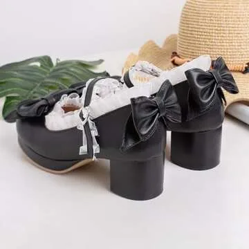 SHEMEE Womens Mid Block Heels Mary Janes Lolita Rockabilly Pumps Chunky Heels Sweet Lace Cute Cosplay Shoes with Bow Size 6.5,Black