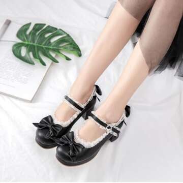 SHEMEE Womens Mid Block Heels Mary Janes Lolita Rockabilly Pumps Chunky Heels Sweet Lace Cute Cosplay Shoes with Bow Size 6.5,Black