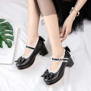 SHEMEE Womens Mid Block Heels Mary Janes Lolita Rockabilly Pumps Chunky Heels Sweet Lace Cute Cosplay Shoes with Bow Size 6.5,Black