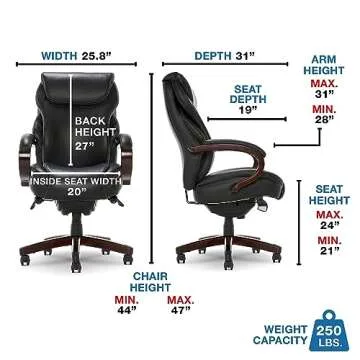 La-Z-Boy Hyland Executive Office Chair with AIR Lumbar Technology, Adjustable High Back Ergonomic Desk Chair with Lumbar Support, Mahogany Wood Finish, Bonded Leather, Black