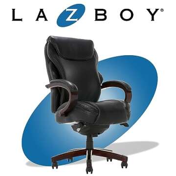 La-Z-Boy Hyland Executive Office Chair with AIR Lumbar Technology, Adjustable High Back Ergonomic Desk Chair with Lumbar Support, Mahogany Wood Finish, Bonded Leather, Black