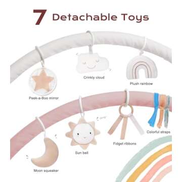 Baby Play Gym Mat, Tummy Time Activity Mat with 7 Detachable Toys and 12 Milestone Cards for Stage-B...