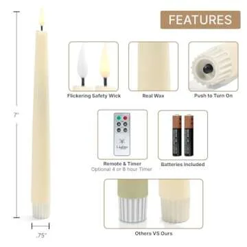 LampLust Flameless Taper Candles, Ivory Wax, 4 Pack, 7 Inch