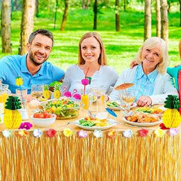 Tropical Luau Party Decorations Set Hawaiian Beach Theme Party Favors Luau Party Supplies with 9ft Luau Grass Table Skirt, Palm Leaves, Hibiscus Flowers, 3D Fruit Straws, Flamingo and Pineapple Décors