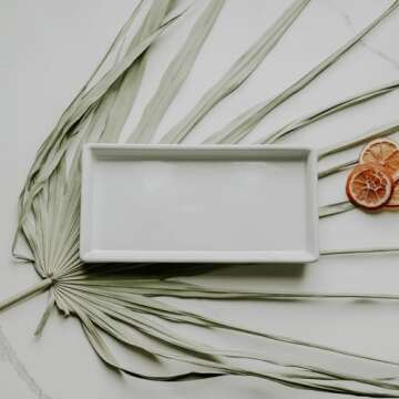 Sweet Water Decor Stoneware Tray for Home - White | Kitchen and Bathroom Dispenser Holder | Jewelry Dish | Glass Soap Holder for Bottles | Long Plate for Counter Tops | Vanity Décor