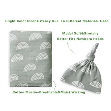 Miaoberry 100% Organic Cotton Muslin Blanket| Sage Green Rainbow Baby Swaddle Set| Newborn Boy Girl Unisex Neutral| Boho Vintage Monthly Picture Blanket