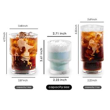 Combler Drinking Glasses, Cocktail Glasses 6 oz, Ribbed Glass Cups Set of 4, Coffee Bar Accessories,...