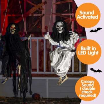 JOYIN Outdoor Halloween Decorations 2 Packs Hanging Ghosts Halloween Decor with Lighted Up Eyes, 3ft Scary Grim Reaper Halloween Swinging Skeleton Flying Ghosts for Yard Patio Lawn Garden Décor