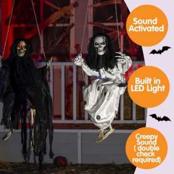 JOYIN Outdoor Halloween Decorations 2 Packs Hanging Ghosts Halloween Decor with Lighted Up Eyes, 3ft Scary Grim Reaper Halloween Swinging Skeleton Flying Ghosts for Yard Patio Lawn Garden Décor