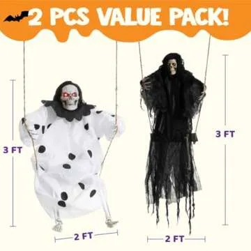JOYIN Outdoor Halloween Decorations 2 Packs Hanging Ghosts Halloween Decor with Lighted Up Eyes, 3ft Scary Grim Reaper Halloween Swinging Skeleton Flying Ghosts for Yard Patio Lawn Garden Décor