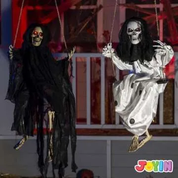 JOYIN Outdoor Halloween Decorations 2 Packs Hanging Ghosts Halloween Decor with Lighted Up Eyes, 3ft Scary Grim Reaper Halloween Swinging Skeleton Flying Ghosts for Yard Patio Lawn Garden Décor