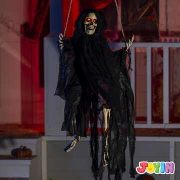 JOYIN Outdoor Halloween Decorations 2 Packs Hanging Ghosts Halloween Decor with Lighted Up Eyes, 3ft Scary Grim Reaper Halloween Swinging Skeleton Flying Ghosts for Yard Patio Lawn Garden Décor