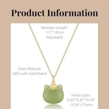 LOOYUUPEE Green Natural Jade Necklace - Cat Pendant for Women, Elegant Jade Jewelry