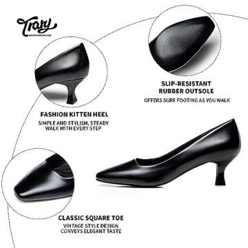 Trary Women's Kitten Heels Dress Pumps Classic Square Toe Shoes Casual Low Heels Closed Toe Pumps for Women Office Pu Black 6.5