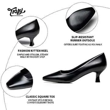 Trary Women's Kitten Heels Dress Pumps Classic Square Toe Shoes Casual Low Heels Closed Toe Pumps for Women Office Pu Black 6.5
