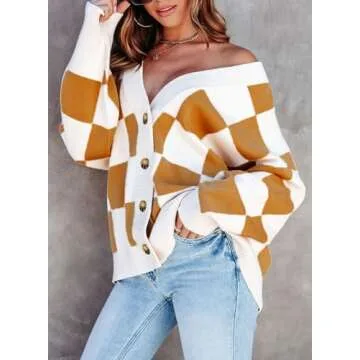 Stylish Dokotoo Cardigan for Women - V Neck, Plaid Design