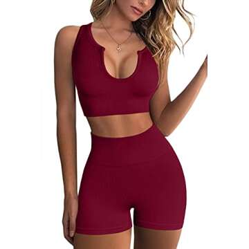 FAFOFA Women High Waisted Shorts Set Workout Outfit 2 Pieces Seamless Yoga Leggings Sports Bra Wine S