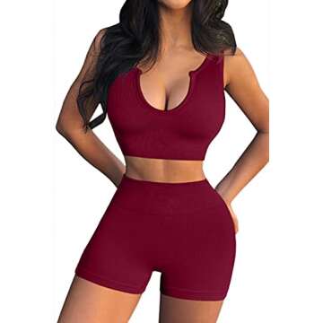 FAFOFA Women High Waisted Shorts Set Workout Outfit 2 Pieces Seamless Yoga Leggings Sports Bra Wine S