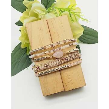 G2F DESIGN Bracelet for Women – Handmade Vegan Boho Natural Stone Layered Bracelet, Thailand Bohemian Stackable Beaded Wrap Bracelets (A2-Rose Gem)