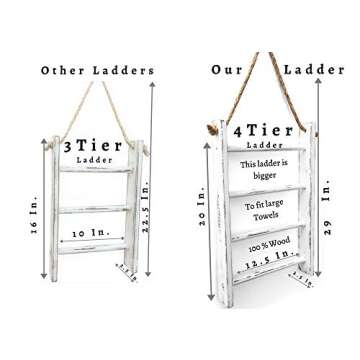 4-Tier Rope Ladder Decorative Hanging Wall Towel Blanket Quilt Shelf Rustic Farmhouse Decor Wood Handmade in USA Rack Towel Holder for Kitchen or Bathroom Vintage Shabby Chic.