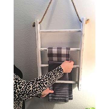 4-Tier Rope Ladder Decorative Hanging Wall Towel Blanket Quilt Shelf Rustic Farmhouse Decor Wood Handmade in USA Rack Towel Holder for Kitchen or Bathroom Vintage Shabby Chic.
