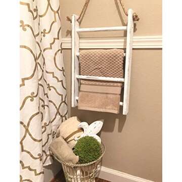 4-Tier Rope Ladder Decorative Hanging Wall Towel Blanket Quilt Shelf Rustic Farmhouse Decor Wood Handmade in USA Rack Towel Holder for Kitchen or Bathroom Vintage Shabby Chic.