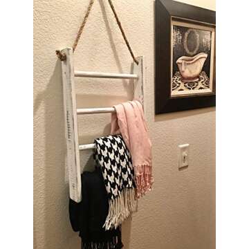 4-Tier Rope Ladder Decorative Hanging Wall Towel Blanket Quilt Shelf Rustic Farmhouse Decor Wood Handmade in USA Rack Towel Holder for Kitchen or Bathroom Vintage Shabby Chic.