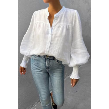 Lesore Womens Tops Solid Loose Fashion Button Down Crewneck Smocked Cuffs Puff Long Sleeve Shirts Blouses Tops White M