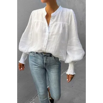 Lesore Womens Tops Solid Loose Fashion Button Down Crewneck Smocked Cuffs Puff Long Sleeve Shirts Blouses Tops White M
